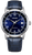 Montre homme avec bracelet en cuir bleu et cadran bleu, boîtier argenté, automatique