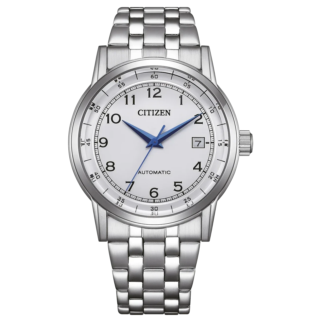 Montre pour homme avec bracelet en acier inoxydable argenté, cadran blanc et aiguilles bleues