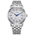 Montre pour homme avec bracelet en acier inoxydable argenté, cadran blanc et aiguilles bleues