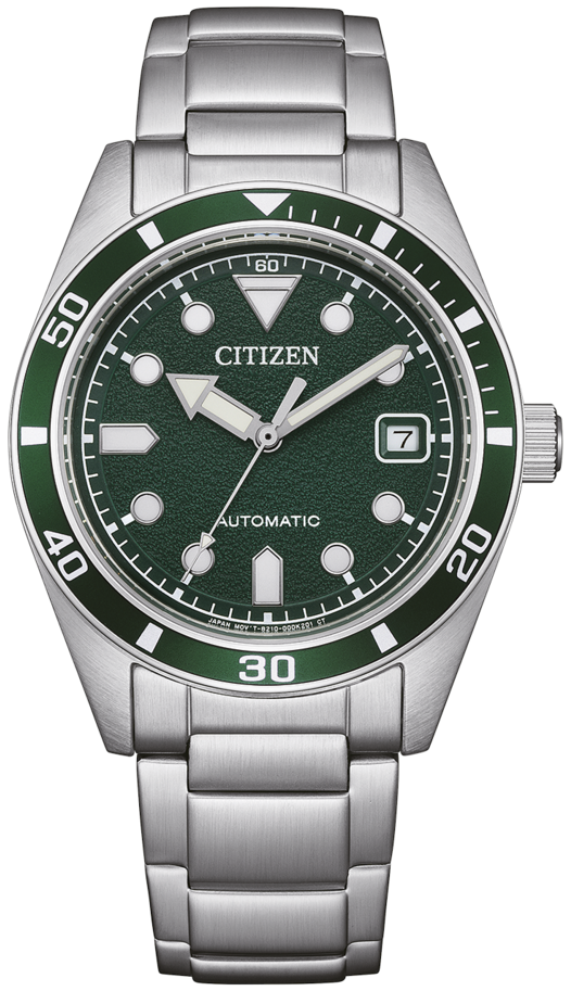 Montre homme avec cadran vert, bracelet en métal argenté et index luminescents