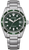 Montre homme avec cadran vert, bracelet en métal argenté et index luminescents