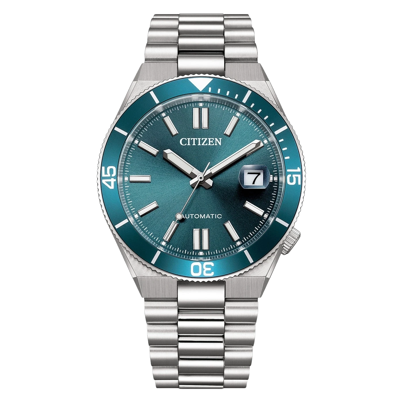 Montre homme avec cadran turquoise, bracelet en acier inoxydable et affichage automatique