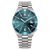 Montre homme avec cadran turquoise, bracelet en acier inoxydable et affichage automatique