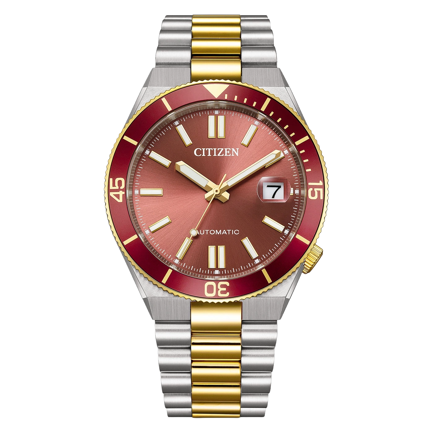 Citizen Taucheruhr mit burgunderfarbenem Zifferblatt, goldfarbenen Akzenten und Edelstahlarmband