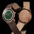 Montre homme avec bracelet en cuir marron : cadran vert à l'avant et finition or rose à l'arrière