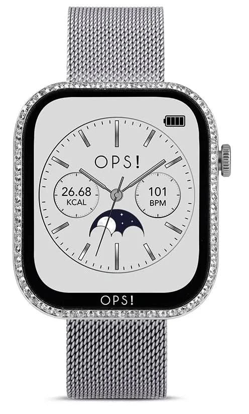 Montre connectée avec écran carré, lunette noire et bracelet en maille argentée