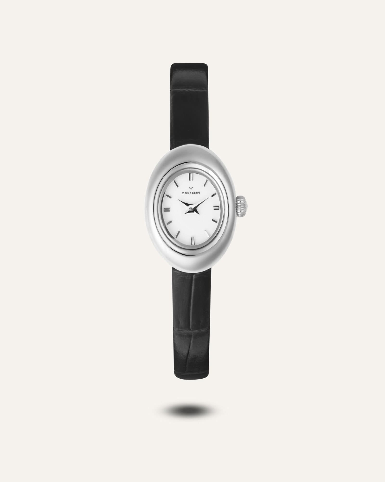 Mockberg Damenarmbanduhr mit ovalem Gehäuse und schwarzem Lederarmband