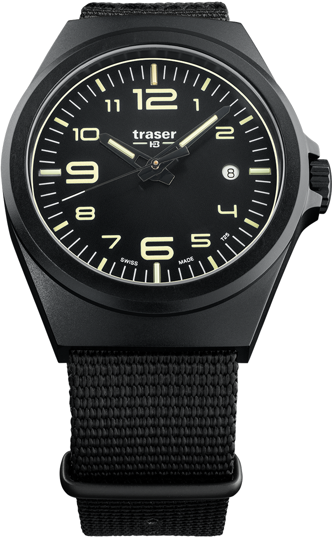 Traser Herrenuhr mit schwarzem Zifferblatt, beigen Leuchtindizes und schwarzem Textilband