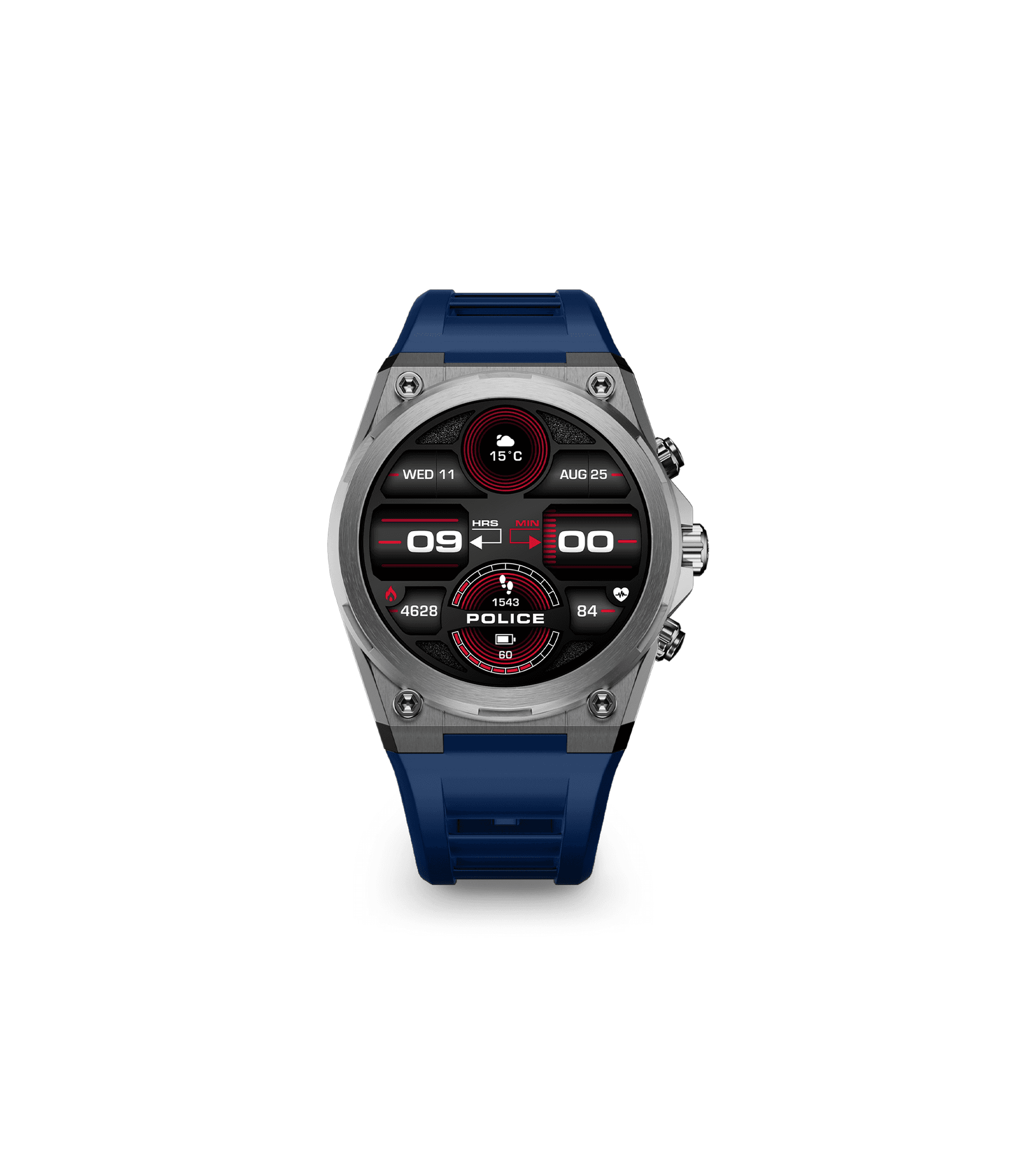 Herren-Smartwatch mit blauem Silikonarmband, silberfarbenem Gehäuse und rundem AMOLED-Display