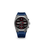 Herren-Smartwatch mit blauem Silikonarmband, silberfarbenem Gehäuse und rundem AMOLED-Display