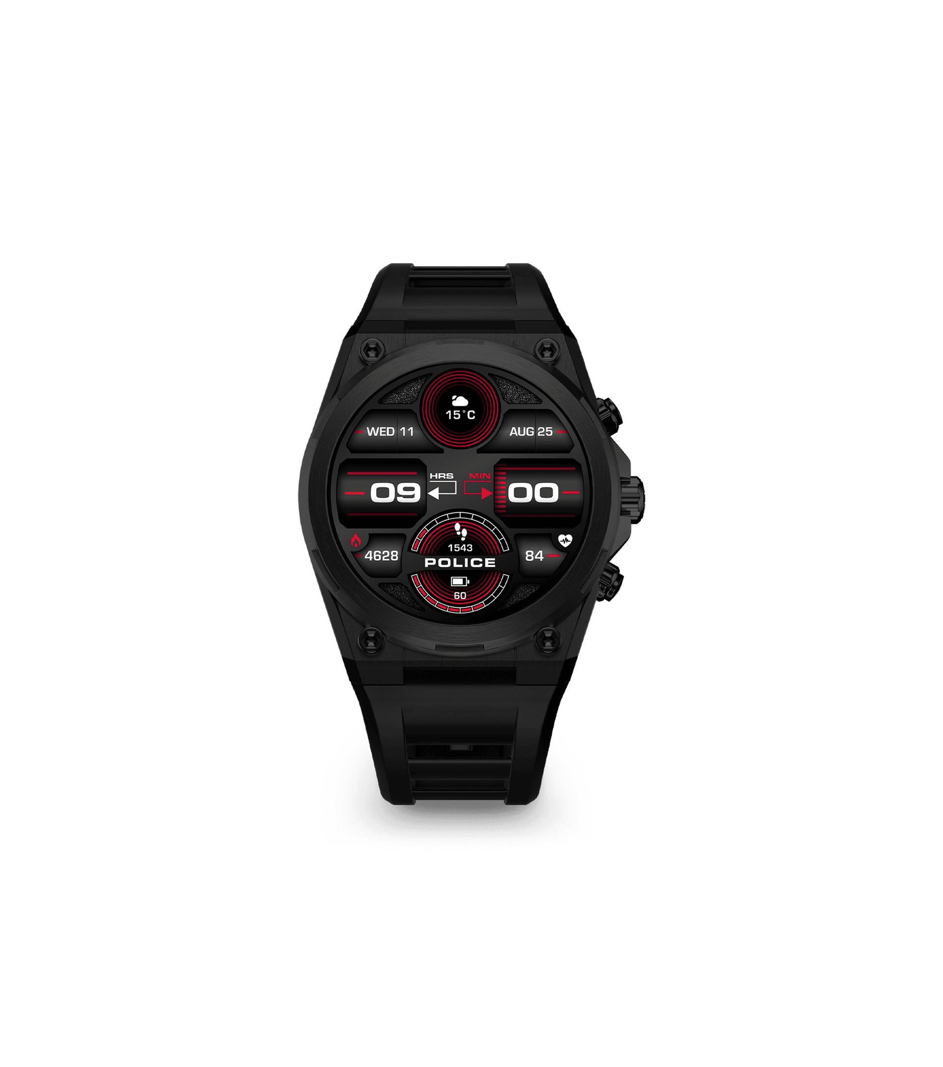 Smartwatch mit schwarzem Armband und rotem AMOLED-Ziffernblatt.
