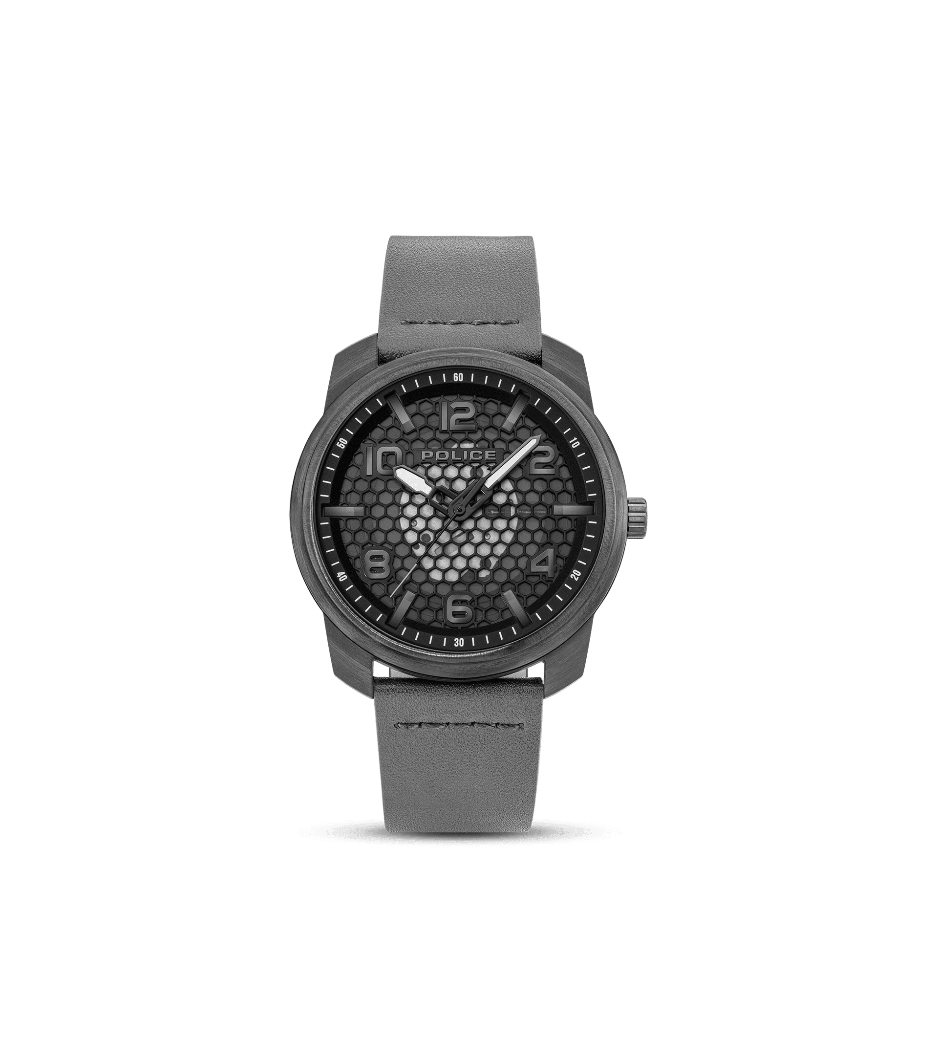 Police Protector Herrenuhr mit grauem Lederarmband, schwarzem Honeycomb-Zifferblatt