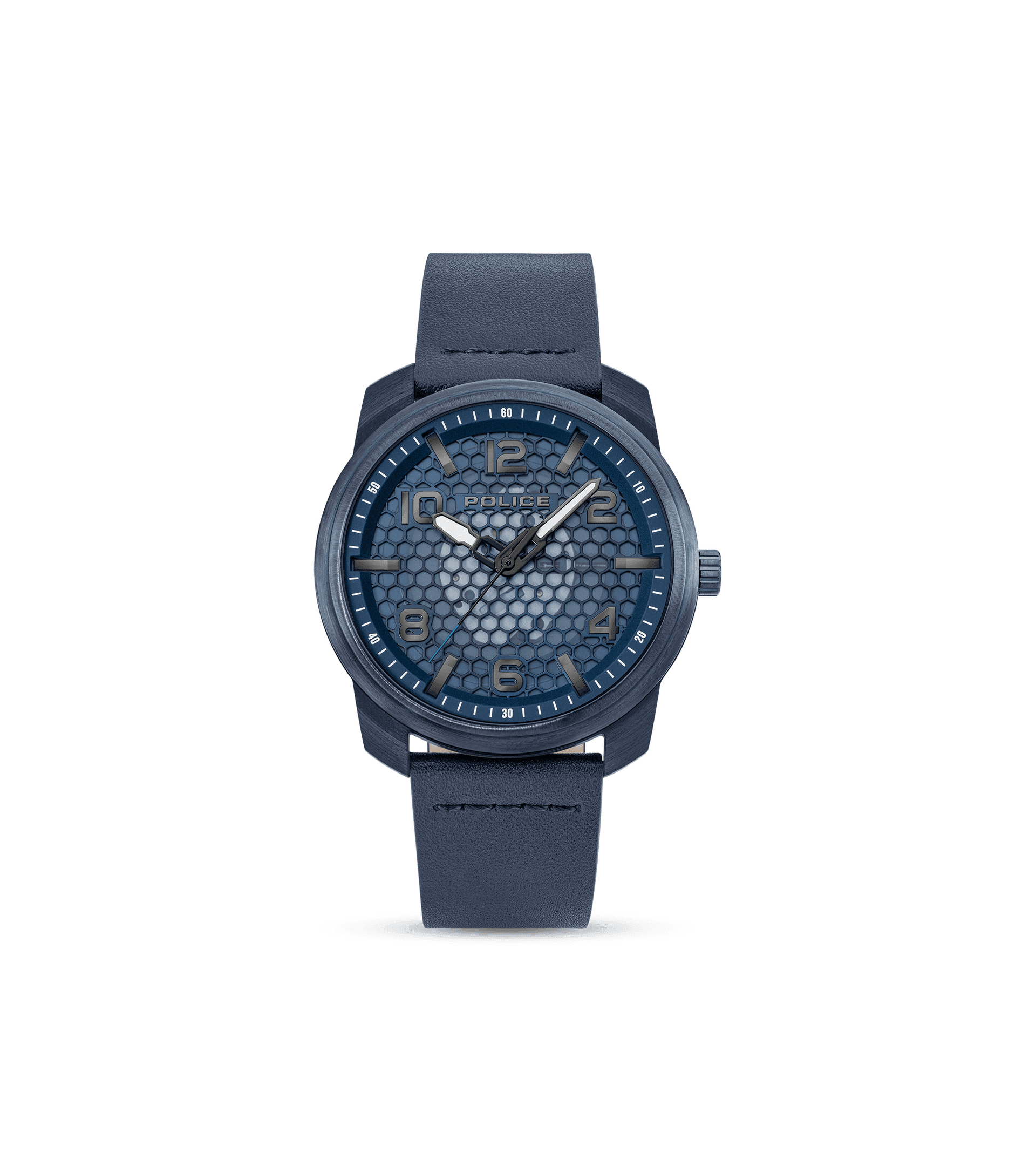 Herrenarmbanduhr mit blauem Lederarmband und skelettiertem Zifferblatt