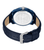 Herrenarmbanduhr mit dunkelblauem Lederarmband und Metall-Schließe, Gehäuse-Rückseite sichtbar.