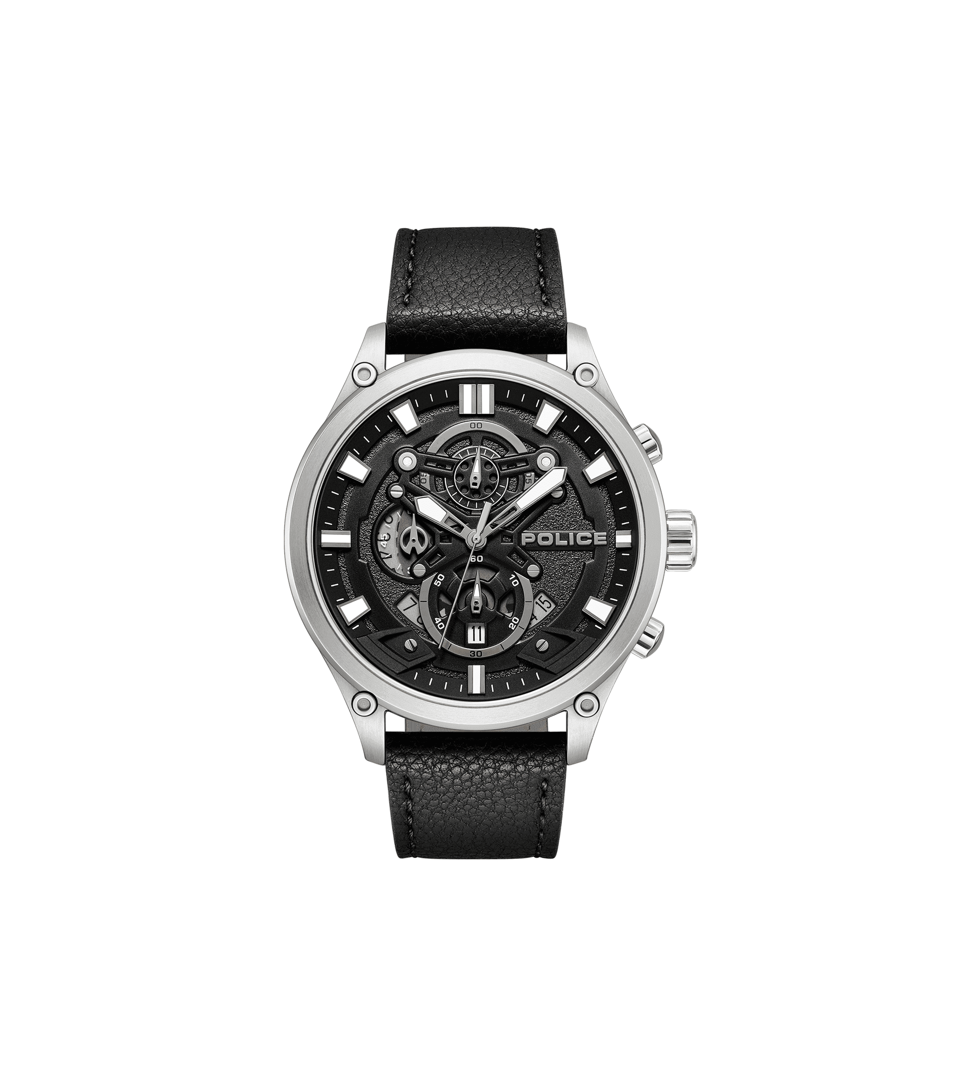 Herren-Quarzuhr mit Chronograph, schwarzes Zifferblatt und schwarzes Lederarmband