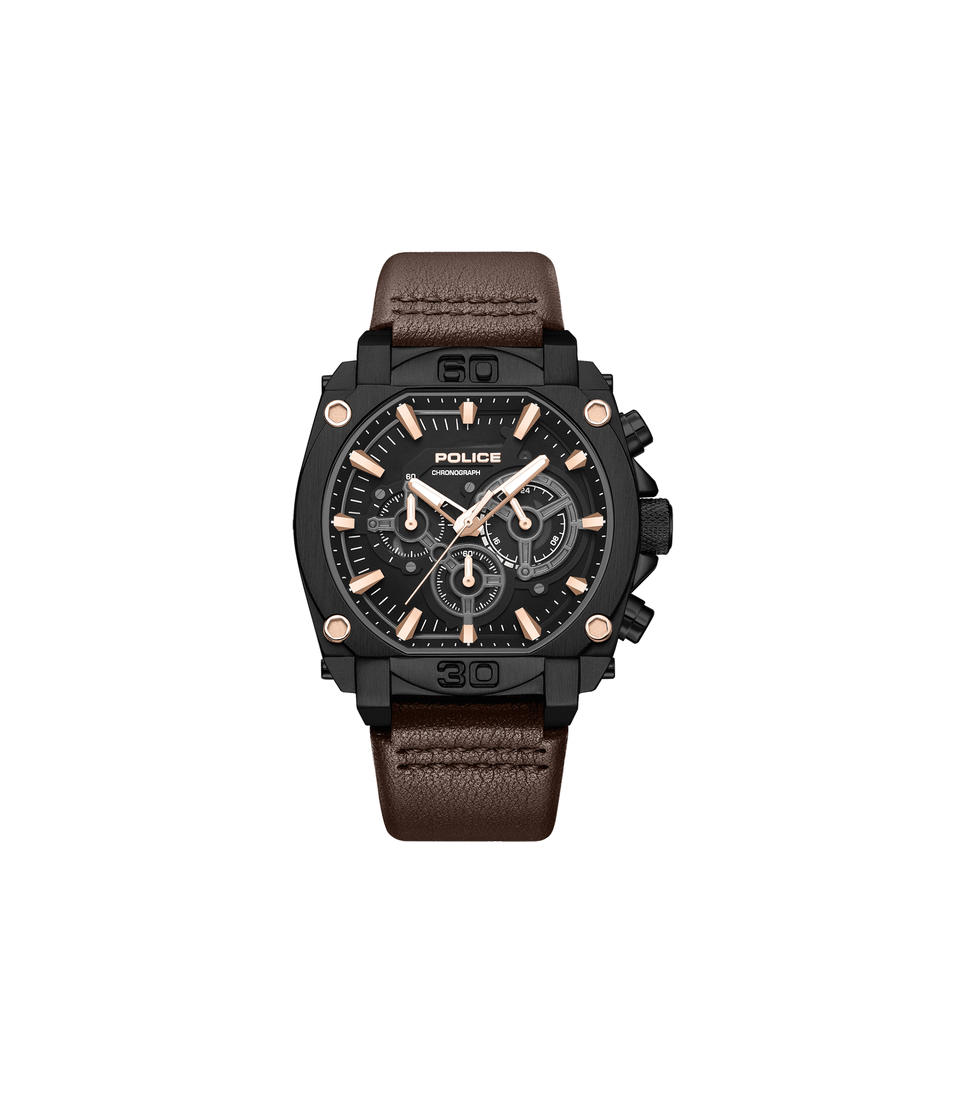 Herren-Chronographenuhr mit braunem Lederarmband, schwarzem Zifferblatt und Chrono-Subdials