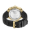 Herrenuhr-Rückseite mit rundem Edelstahlboden und Relief-Schrift, schwarzes Armband mit Prägung
