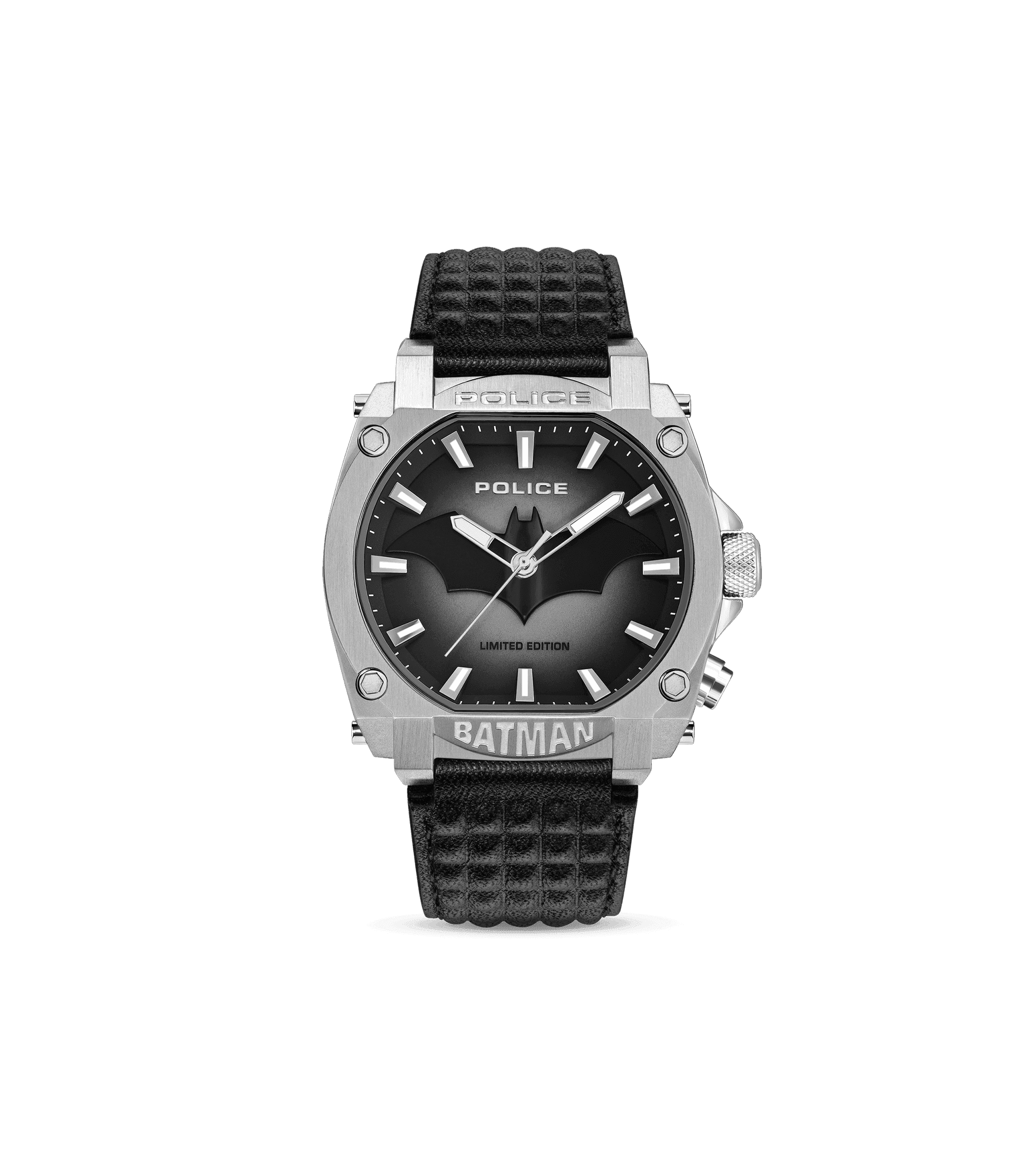 Herrenarmbanduhr Police mit schwarzem Zifferblatt, schwarzem Lederarmband und Batman-Logo