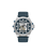 Herren-Armbanduhr mit Skelettzifferblatt, blauem Ziffernring und dunkelblauem Lederband