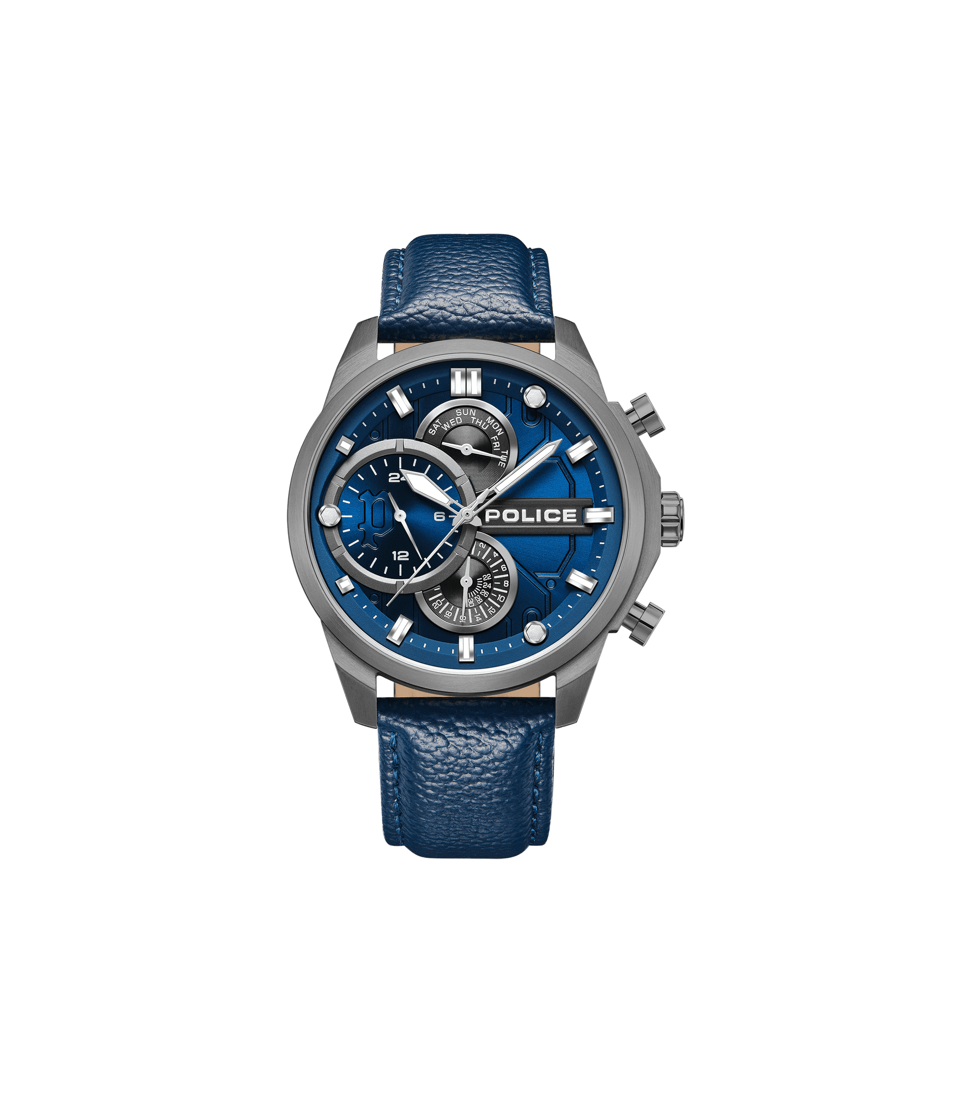 Herrenuhr mit blauem Zifferblatt, Multifunktionsanzeigen und blauem Lederarmband
