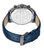 Herrenuhr mit blauem Lederarmband und silberfarbener Rückseite mit Prägung