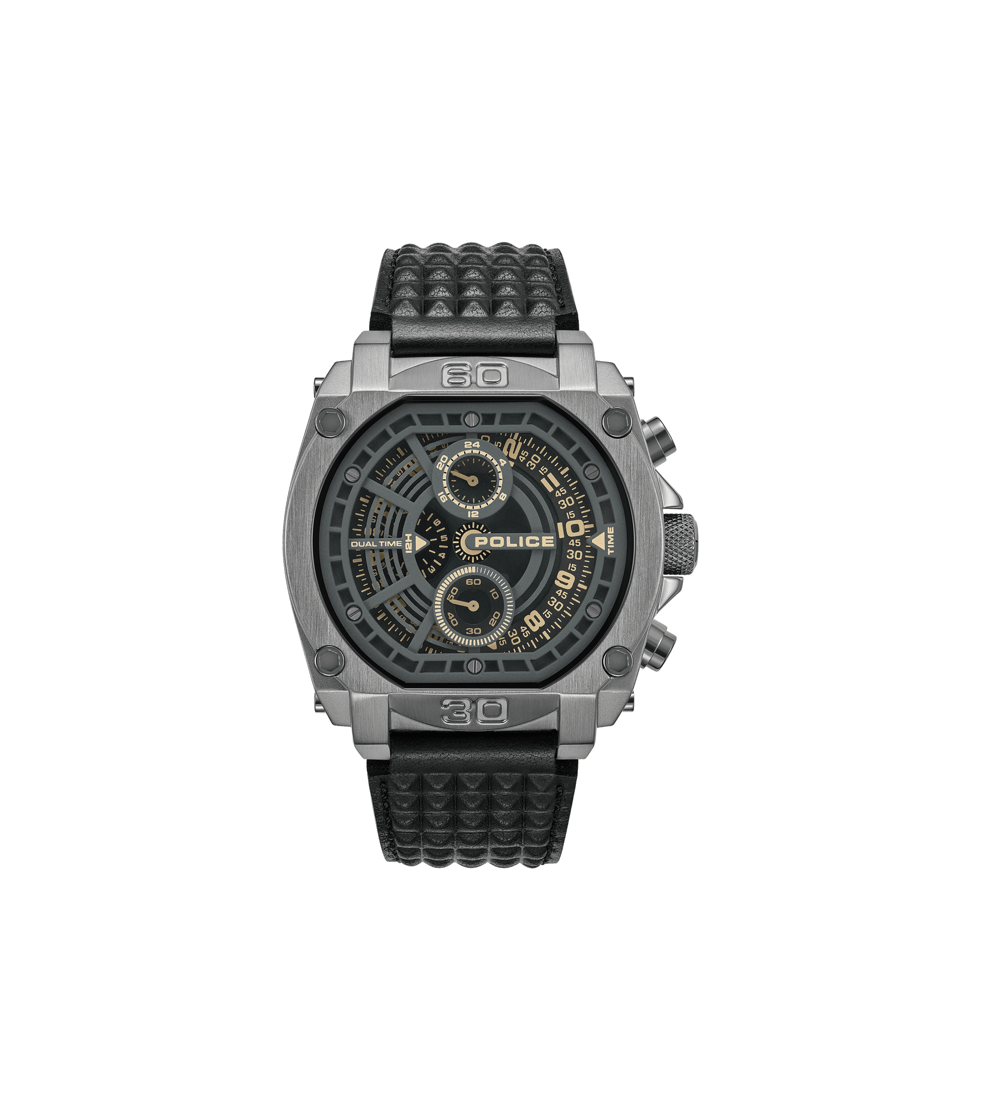 Herrenuhr mit schwarzem Zifferblatt, Metallgehäuse und schwarzem Lederarmband