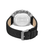 Herrenuhr mit silbernem Gehäuseboden und schwarzem Lederarmband