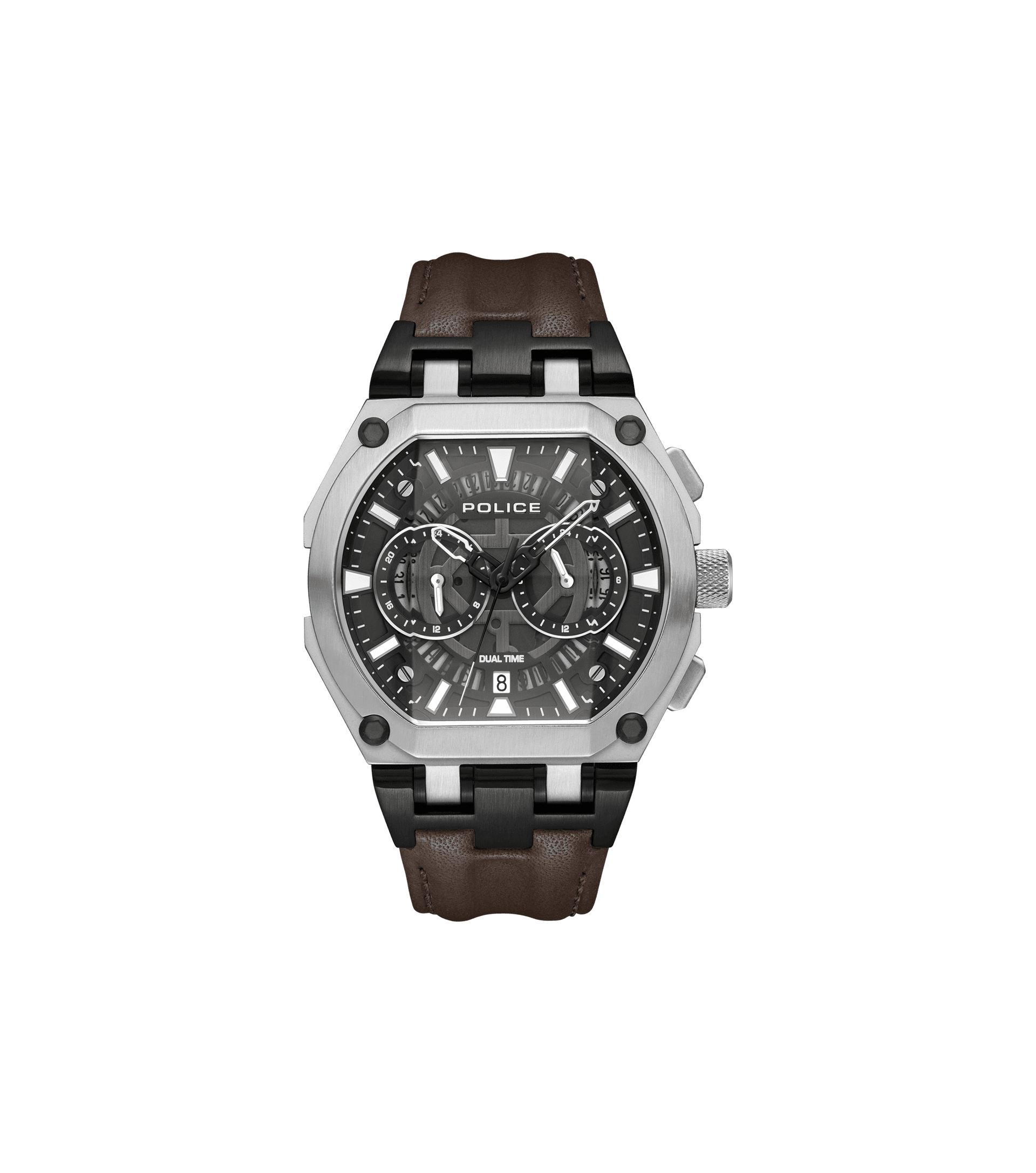 Herrenarmbanduhr mit braunem Lederarmband, silbernem Gehäuse und schwarzem Chronodial