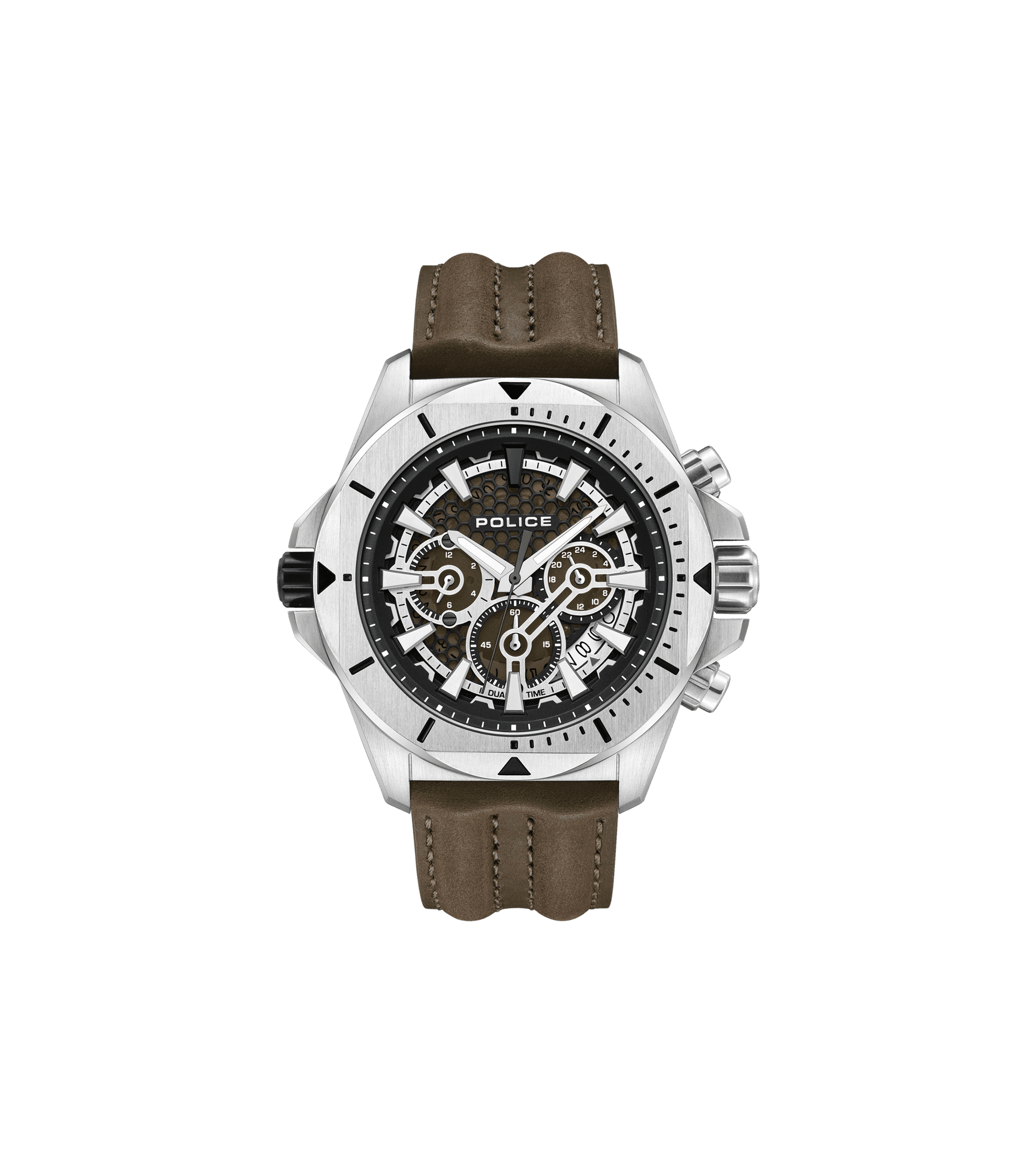 Herrenarmbanduhr mit braunem Lederarmband, silbernem Gehäuse und Multifunktionsanzeige