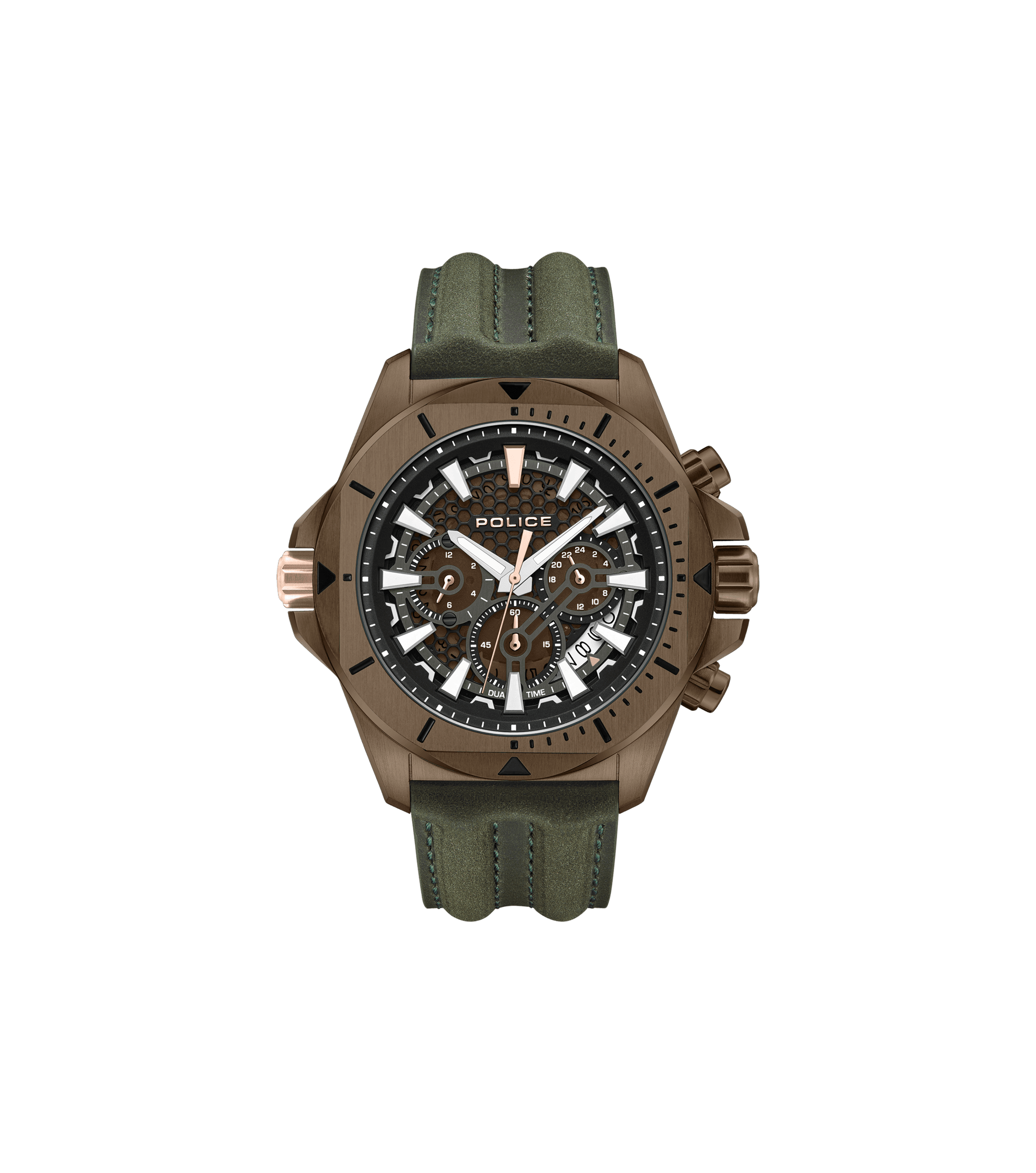 Herrenuhr von Police mit Multifunktions-Zifferblatt und khakifarbenem Lederarmband, Stahlgehäuse
