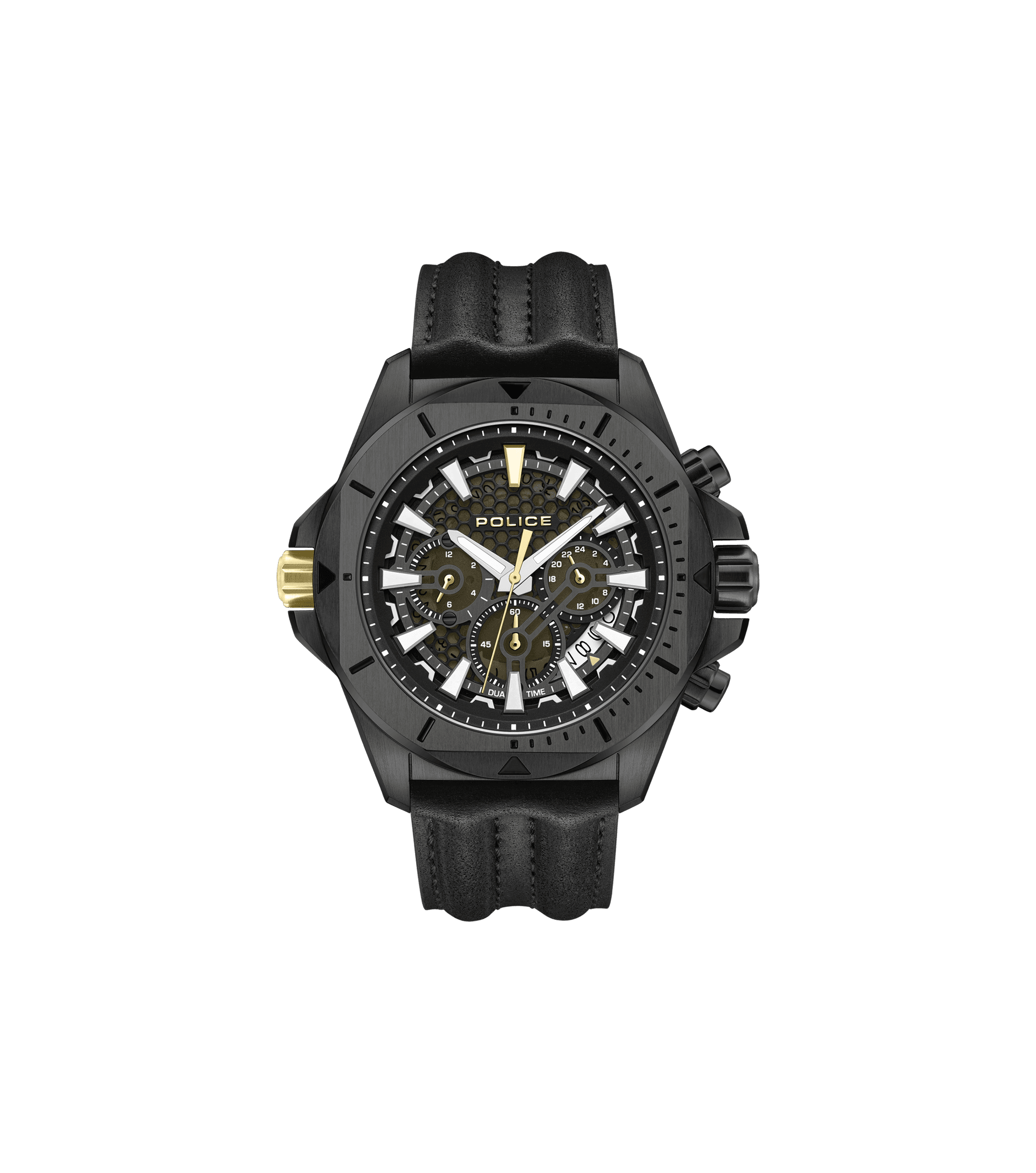 Herrenarmbanduhr Police mit schwarzem Lederarmband und Multifunktionszifferblatt