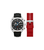 Herrenuhr mit silbernem Gehäuse und schwarzem Lederarmband sowie rotem Ersatzband