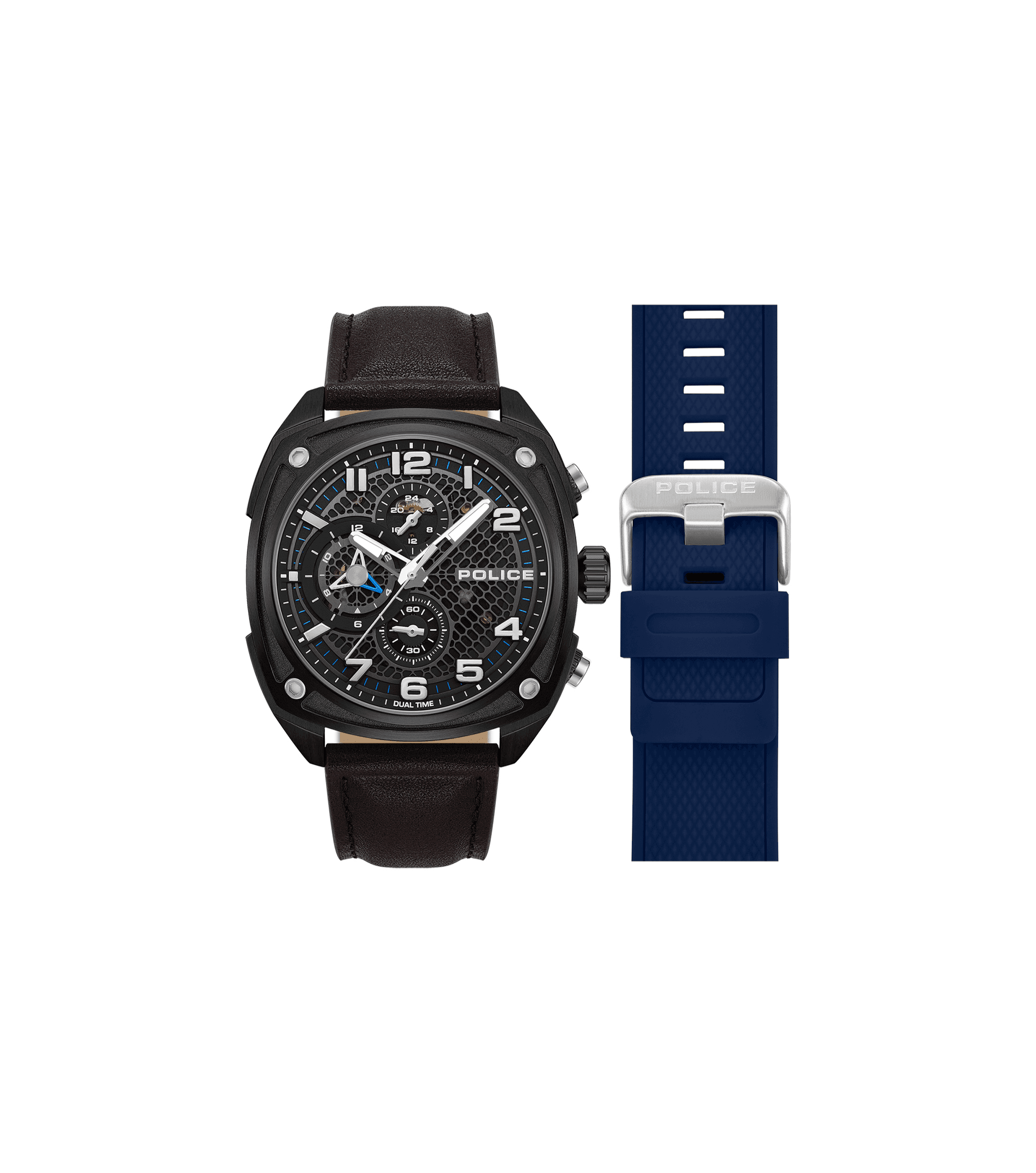Herrenuhr-Set mit Chronograph: schwarze und blaue Armbänder, Rundgehäuse, Ziffernblatt mit Chrono-Details.