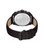 Rückansicht der Herrenuhr mit schwarzem Gehäuse und schwarzem Lederband, Schrauben am Boden.