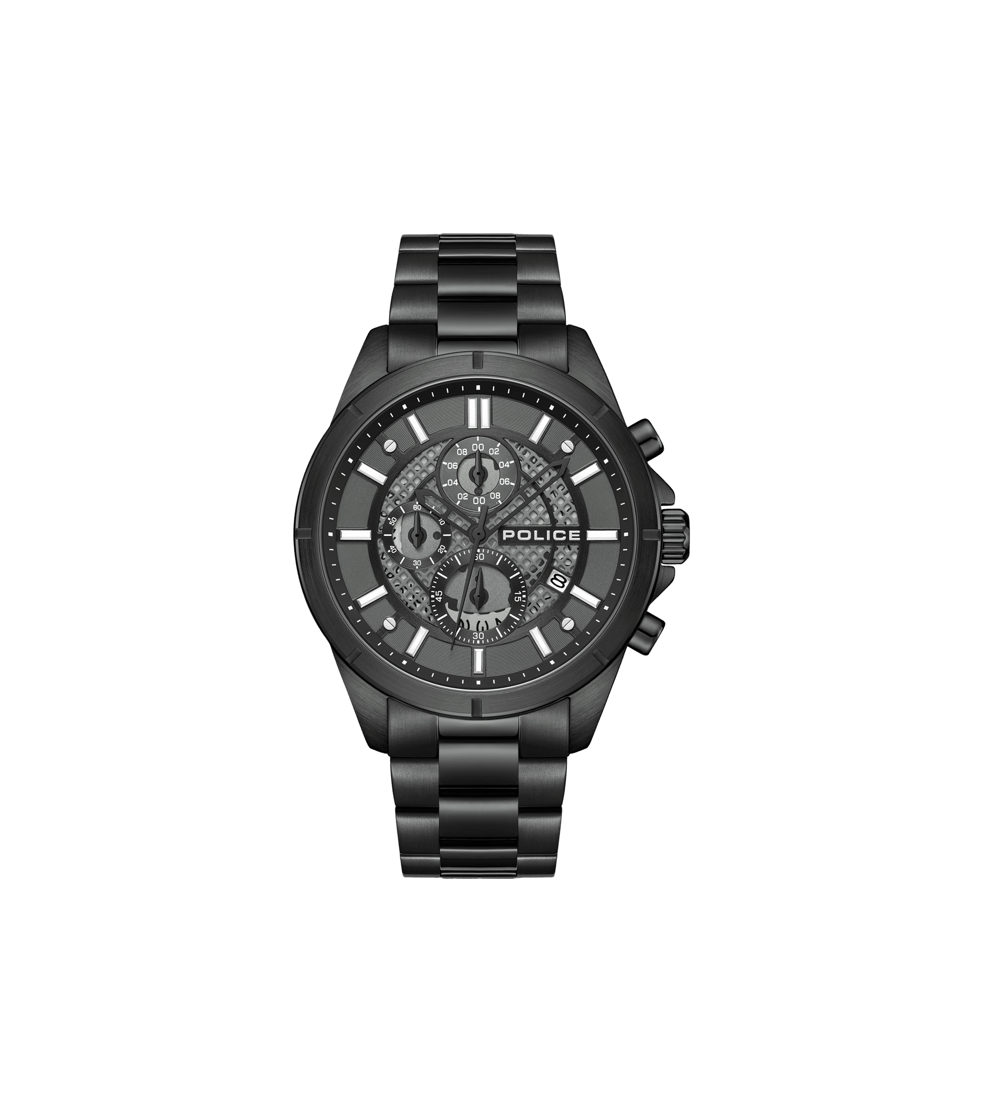 Herrenuhr Police Burbank, schwarze Chronographen-Anzeige mit Metallarmband.