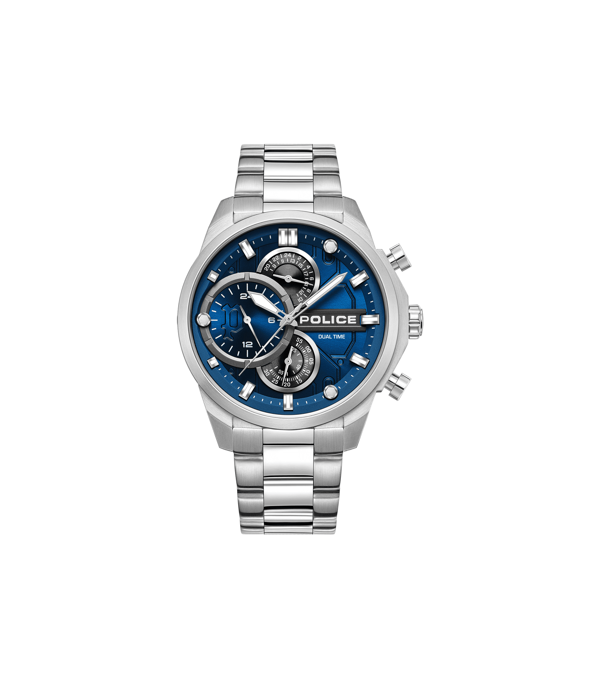 Herrenuhr mit Edelstahlarmband, blauem Zifferblatt und Multifunktionsanzeigen, Krone