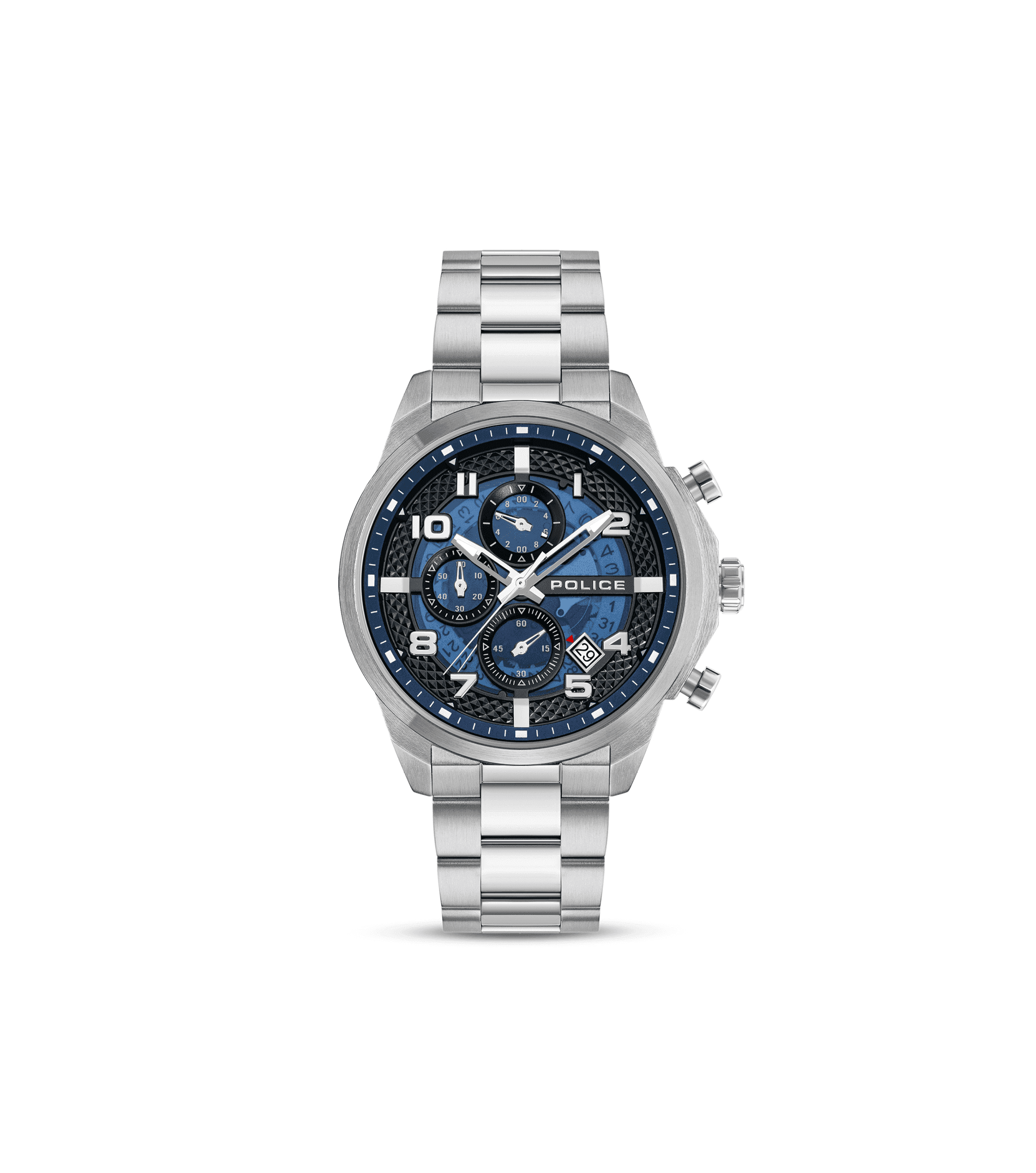 Herrenuhr mit silbernem Metallarmband, blauem Chronographenzifferblatt und Leuchtmarkierungen