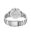 Herrenuhr-Rückseite mit silbernem Metallarmband und Schließe, eingefasst im runden Gehäuse