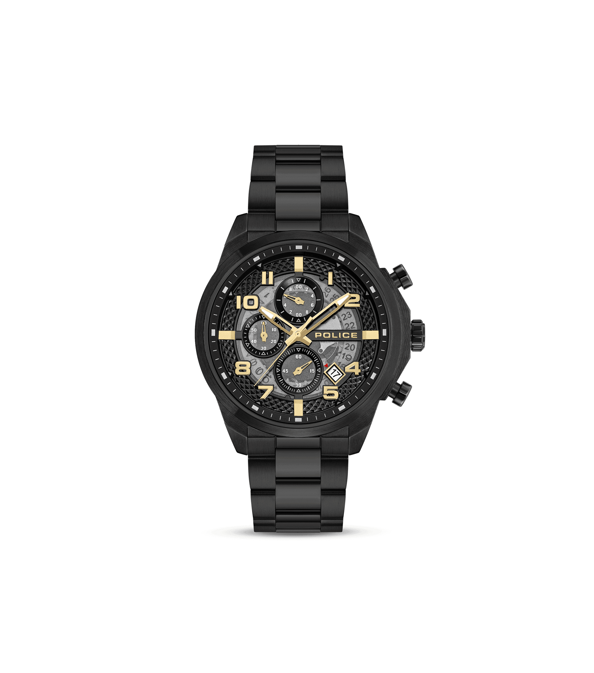 Police Herrenuhr mit schwarzem Armband, schwarzem Zifferblatt und Multifunktions-Subdials