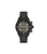 Herrenuhr Chronograph-Design: schwarze Metallarmband, gelbe Indizes und Ziffern.