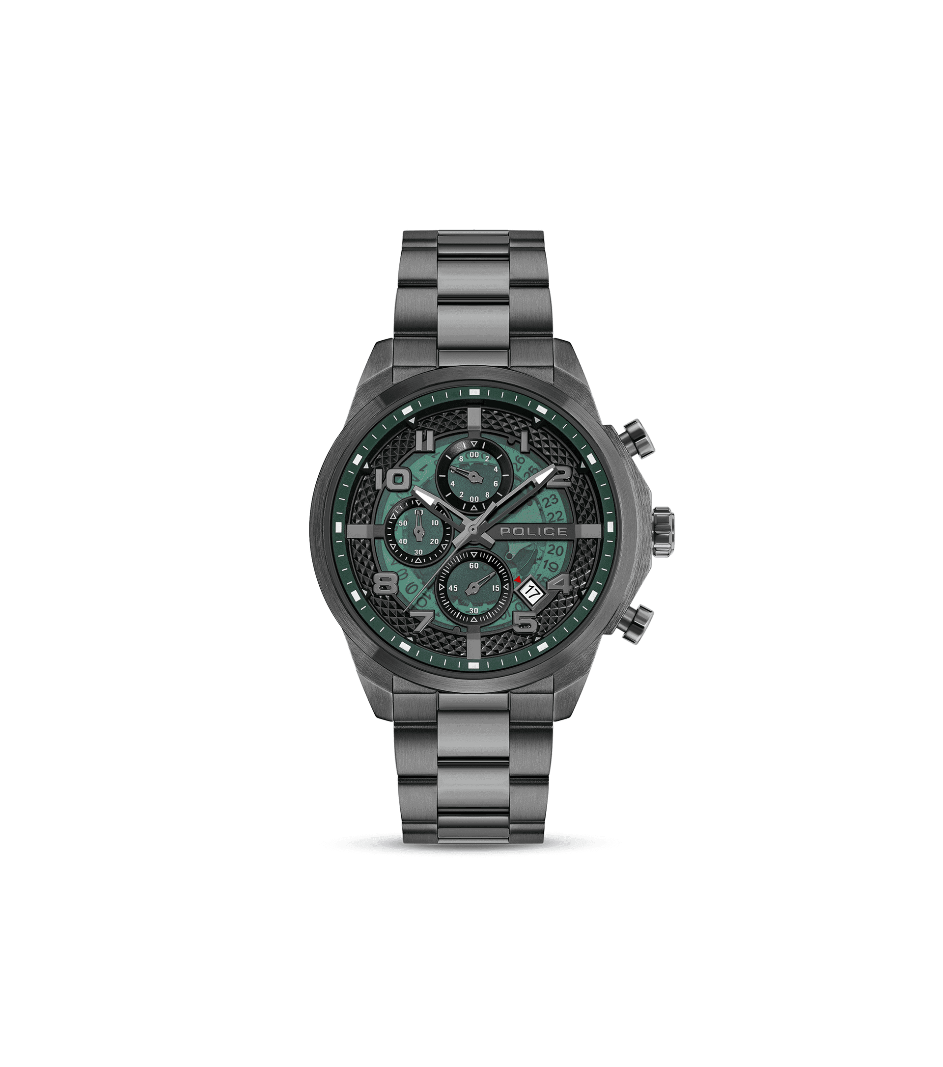 Grau-silberne Police Herrenuhr mit grünem Chronograph-Zifferblatt und Gliederband