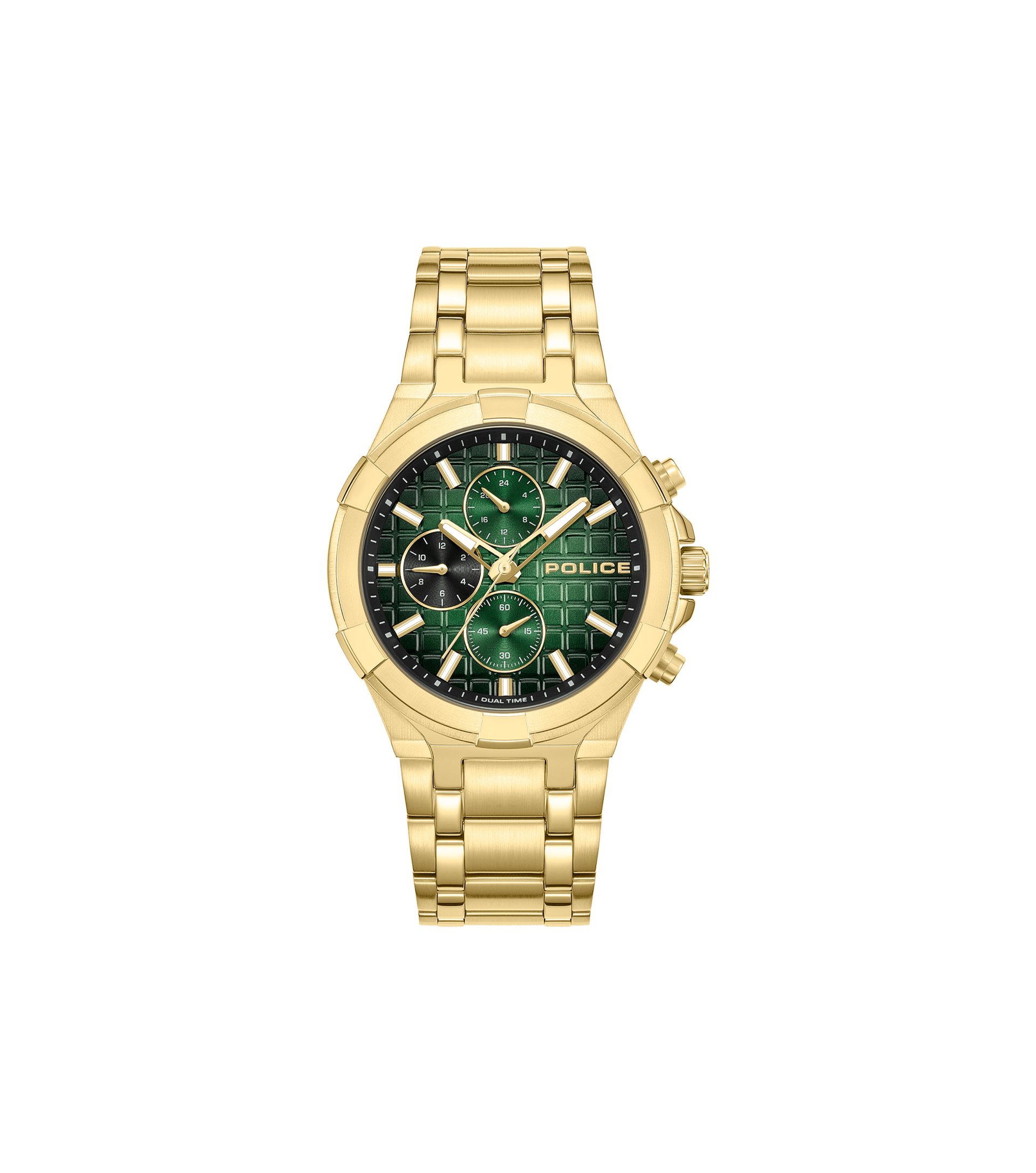 Goldfarbene Herrenuhr mit grünem Zifferblatt, Chronographen-Subdials und Metallarmband