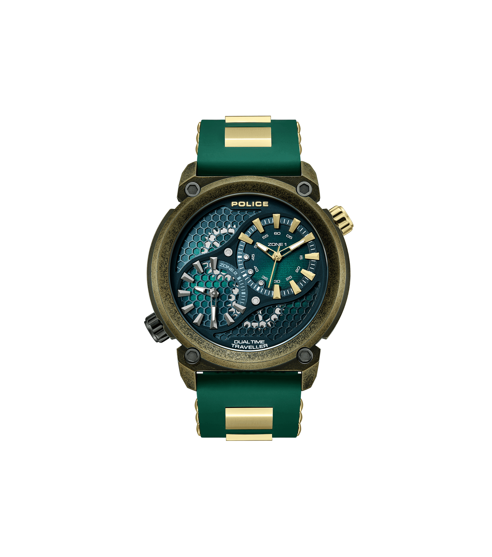 Herren-Armbanduhr mit grünem Silikonarmband und goldfarbenem Gehäuse, blau-grünes Zifferblatt
