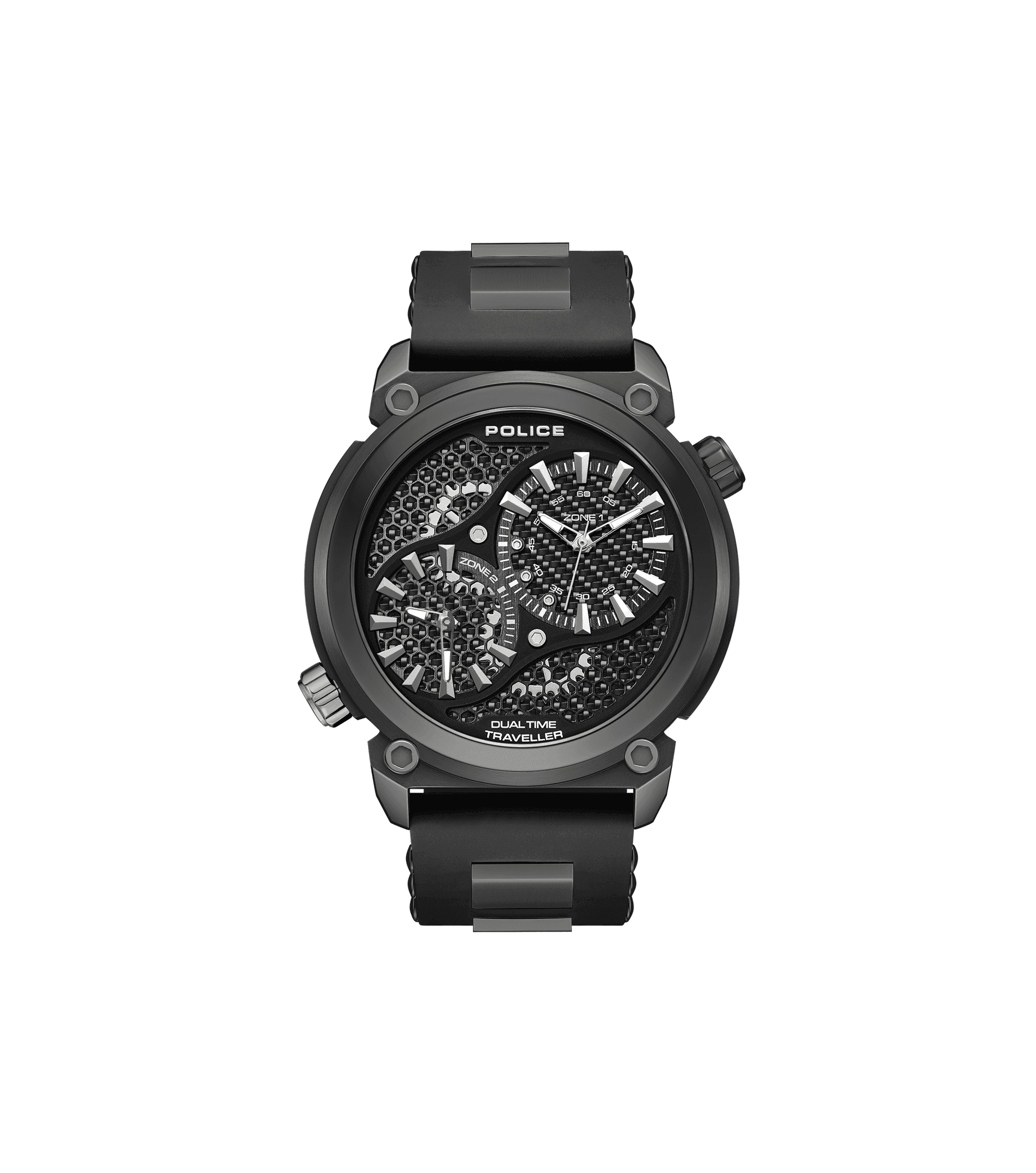 Herrenarmbanduhr mit schwarzem Gehäuse und Kautschukband, Zifferblatt mit Chrono-Optik