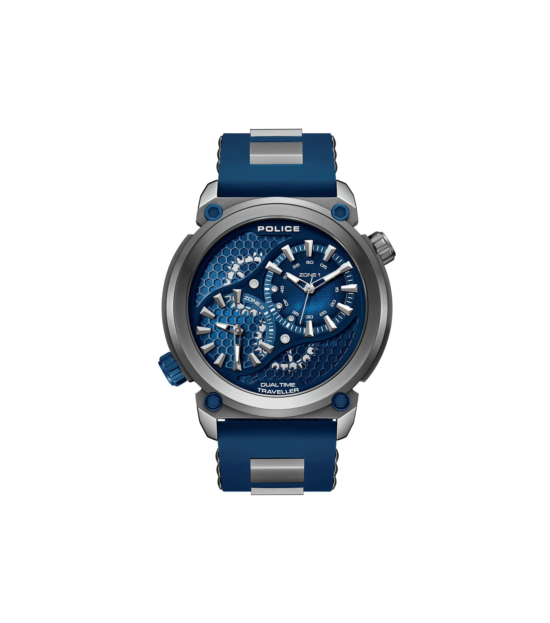 Herrenarmbanduhr Police mit blauem Silikonarmband und gunmetalfarbigem Gehäuse.