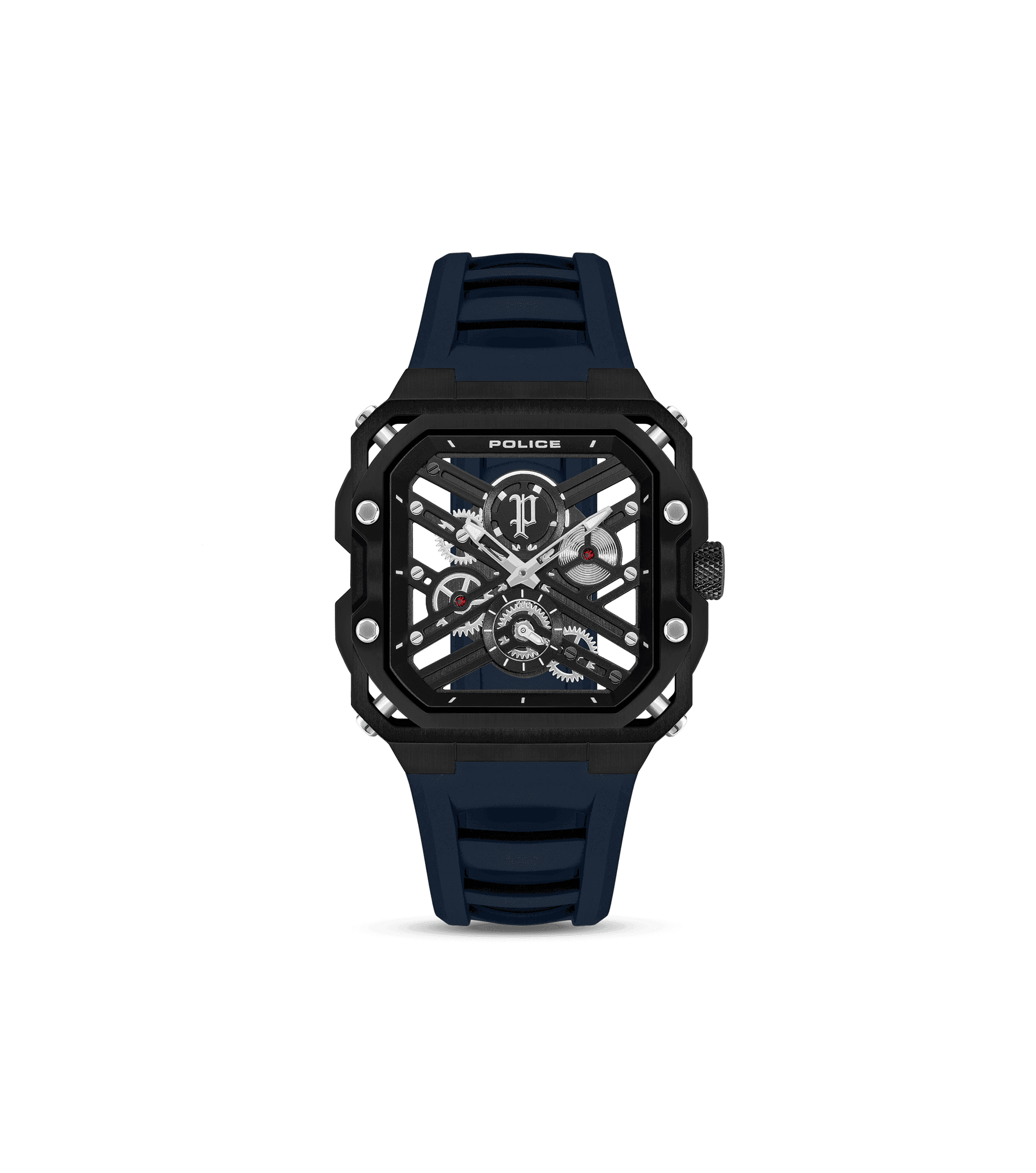 Police Herrenarmbanduhr mit schwarzem Gehäuse und dunkelblauem Silikonarmband