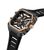 Herrenarmbanduhr, schräg: schwarzes Ziffernblatt, roségoldenes Gehäuse, Krone seitlich