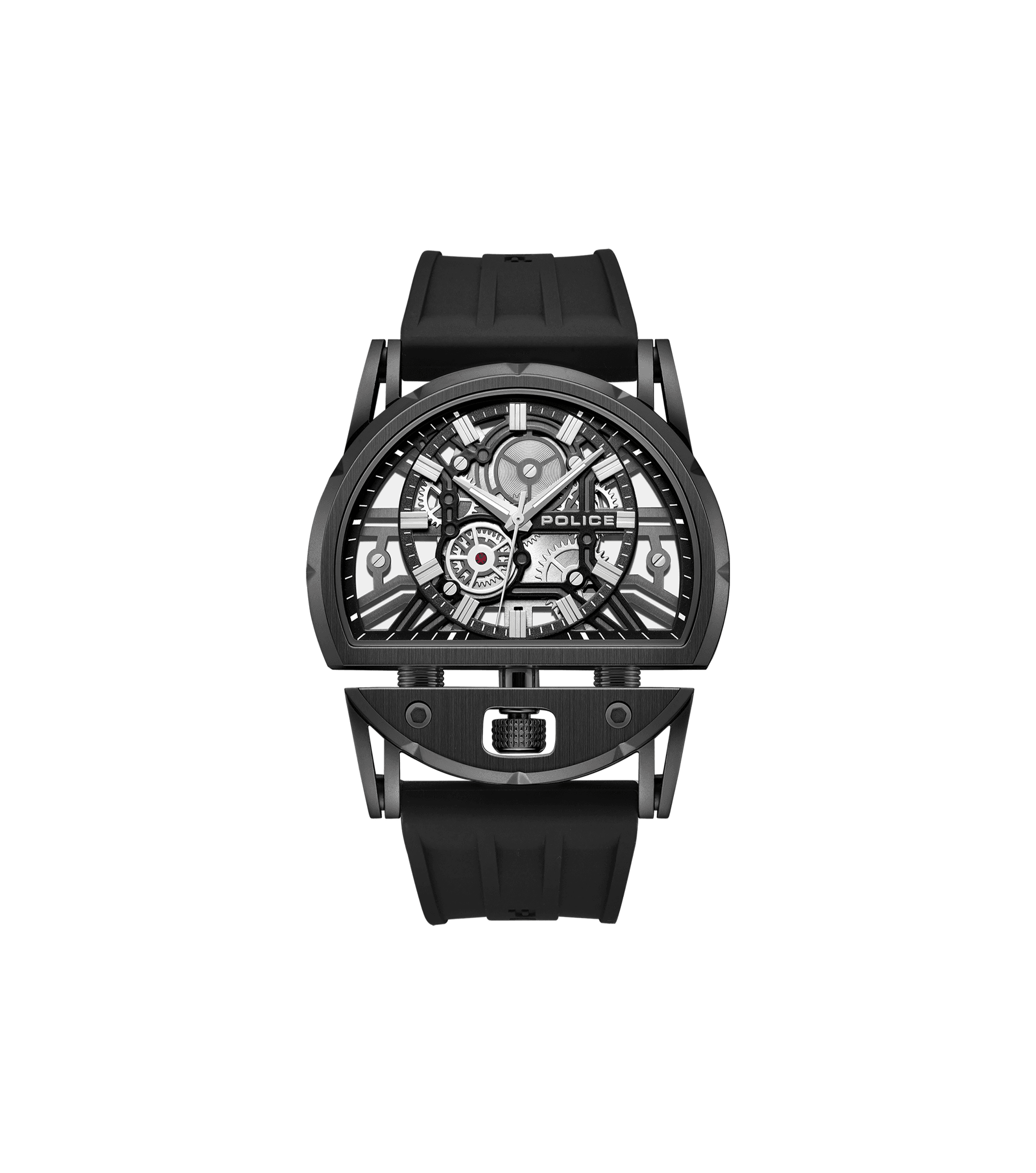 Herrenuhr mit schwarzem Gehäuse, Skelett-Zifferblatt und schwarzem Silikonarmband