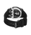 Rückseite einer schwarzen Herrenuhr mit Armband und Sichtfenster-Design im Gehäuse