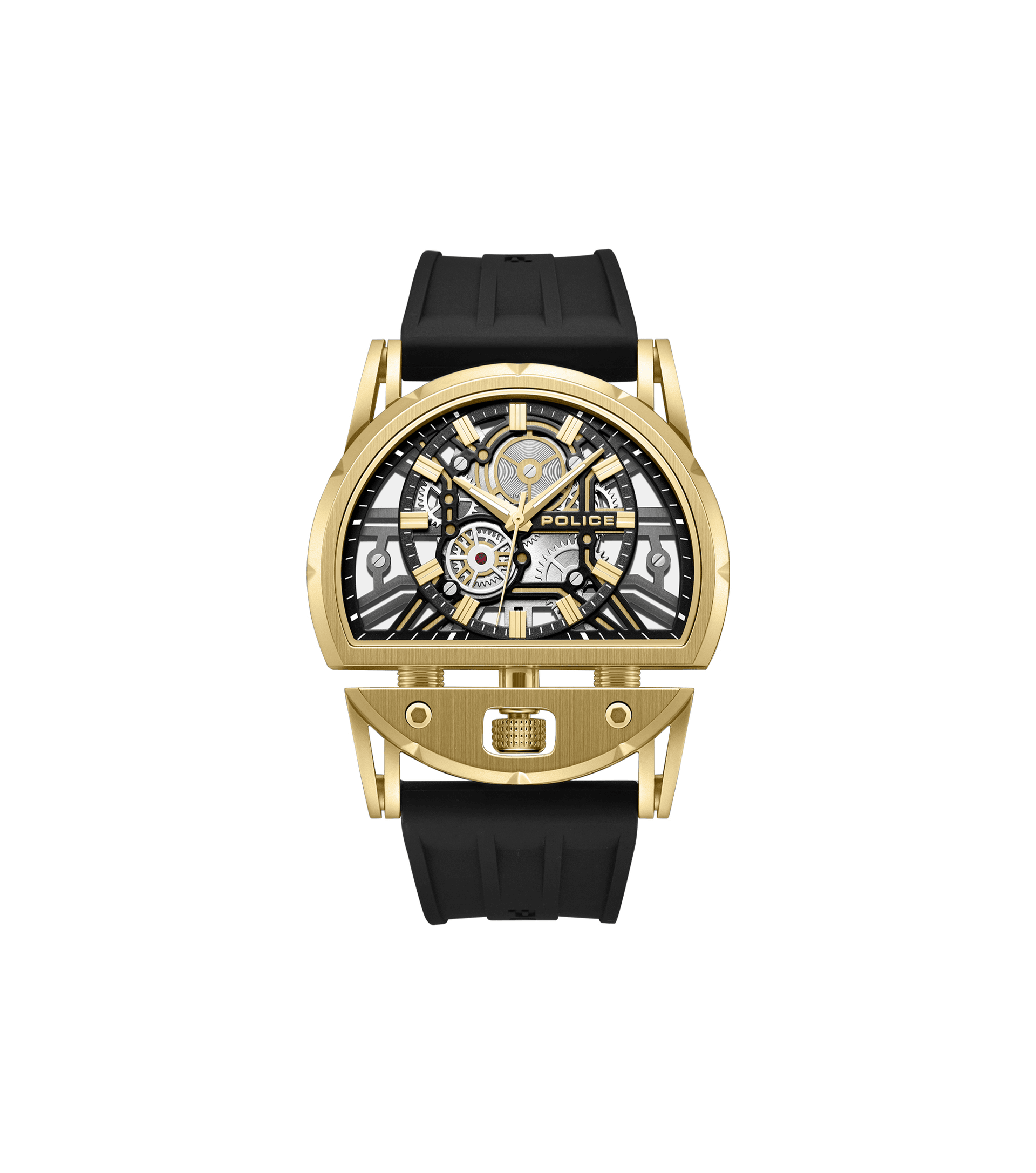 Herrenarmbanduhr mit schwarzem Silikonarmband und goldfarbener, offener Zifferblattoptik